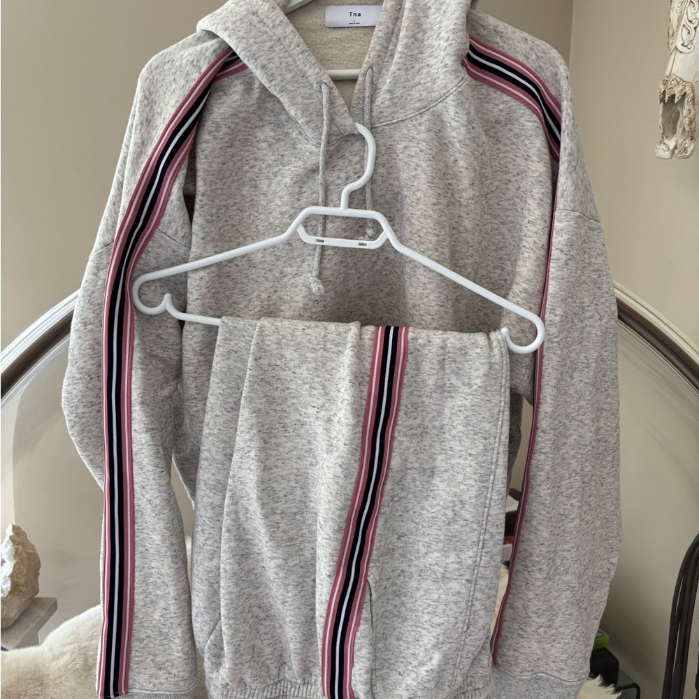 TNA Gray Hoodie and Pants Set with Pink and Black Stripes